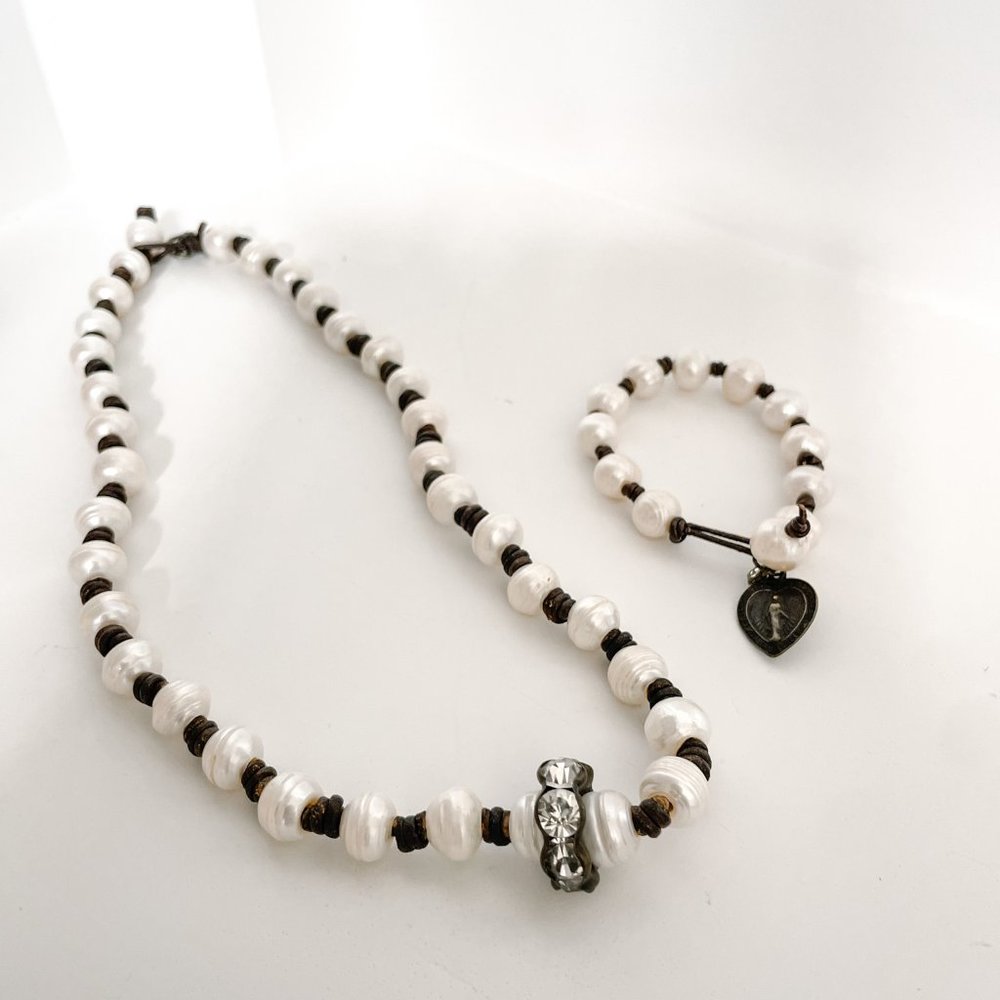 Raw Pearl and Brown Leather Knotted Necklace + Guardian Angel Bracelet